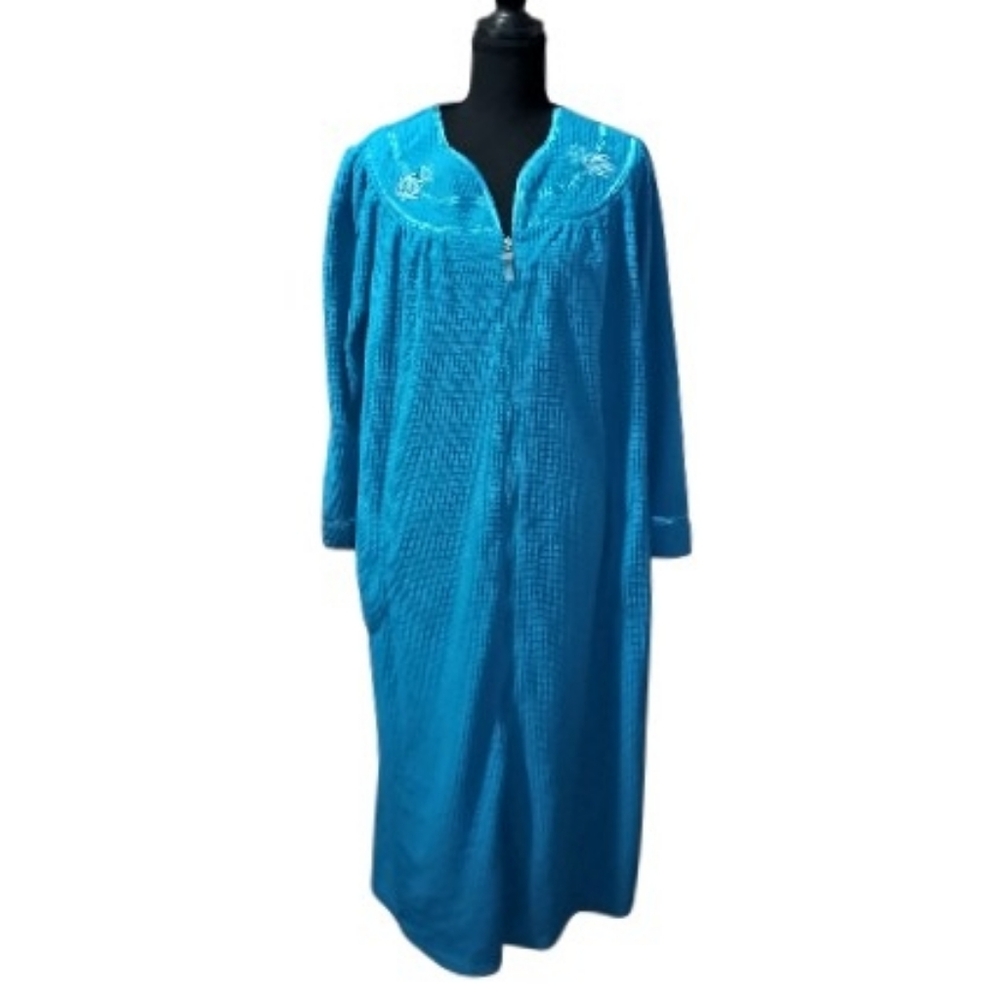 Robe Long Sleeve Full Zip Housecoat Embroidered Neckline Lounge Dress Sz M